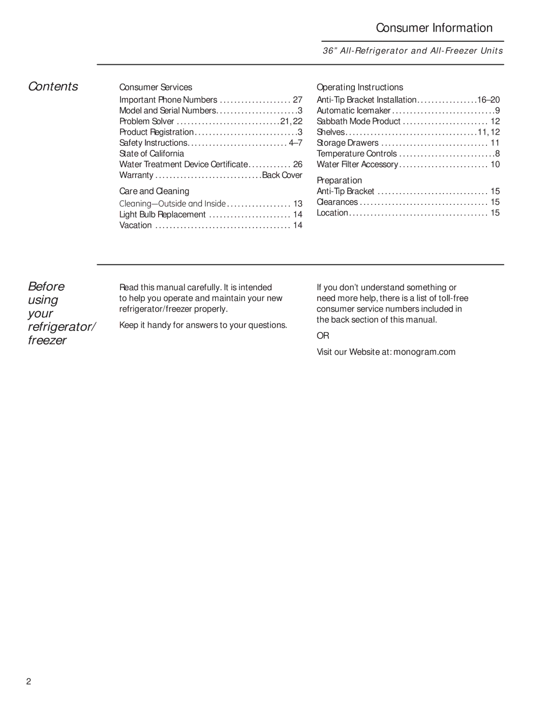 GE 224D2602P001 owner manual Contents, Before using your refrigerator/ freezer 