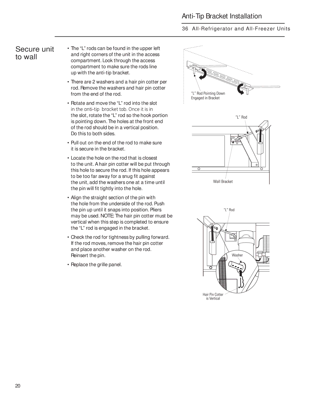 GE 224D2602P001 owner manual Secure unit to wall, LQWKHDQWLWLSEUDFNHWWDE2QFHLWLVLQ 