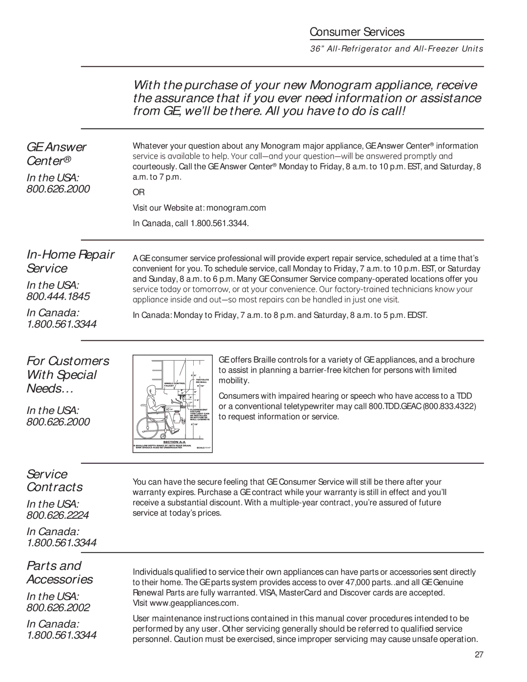 GE 224D2602P001 owner manual Consumer Services, Center 