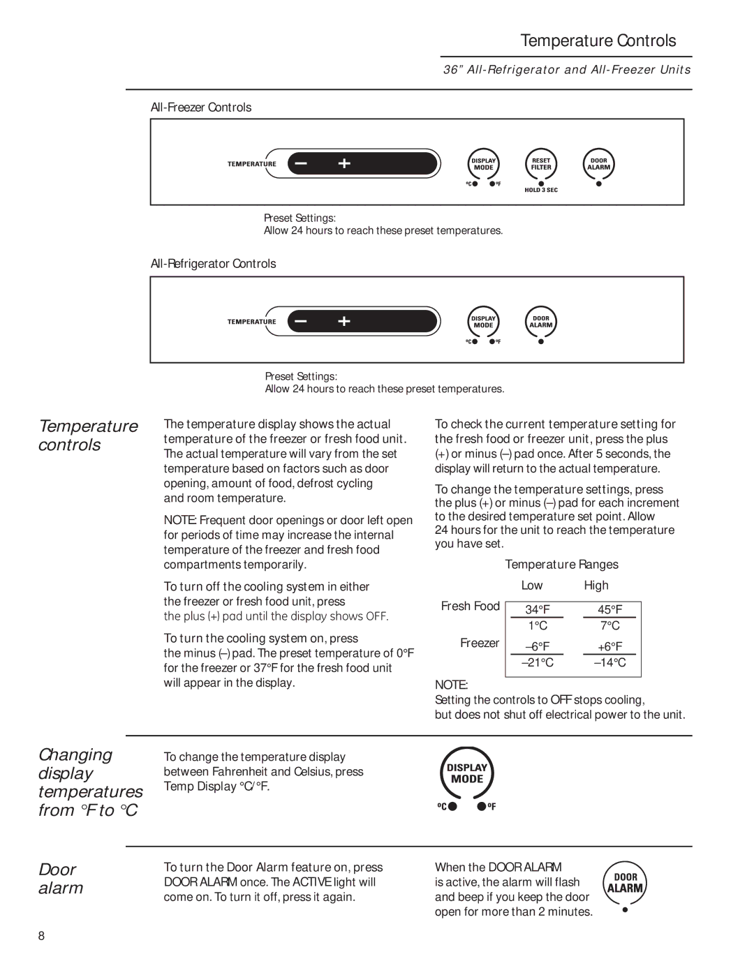 GE 224D2602P001 owner manual Controls, Changing, Display, Temperatures, From F to C Door alarm 