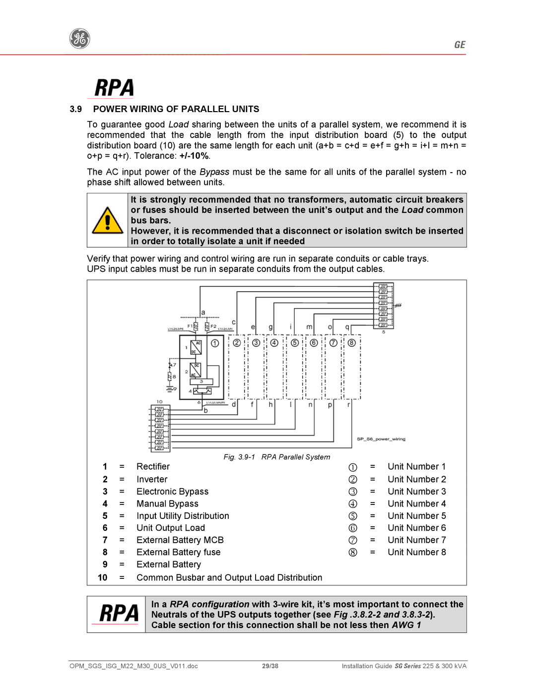 GE 300, 225 manual Power Wiring of Parallel Units, RPA Parallel System 