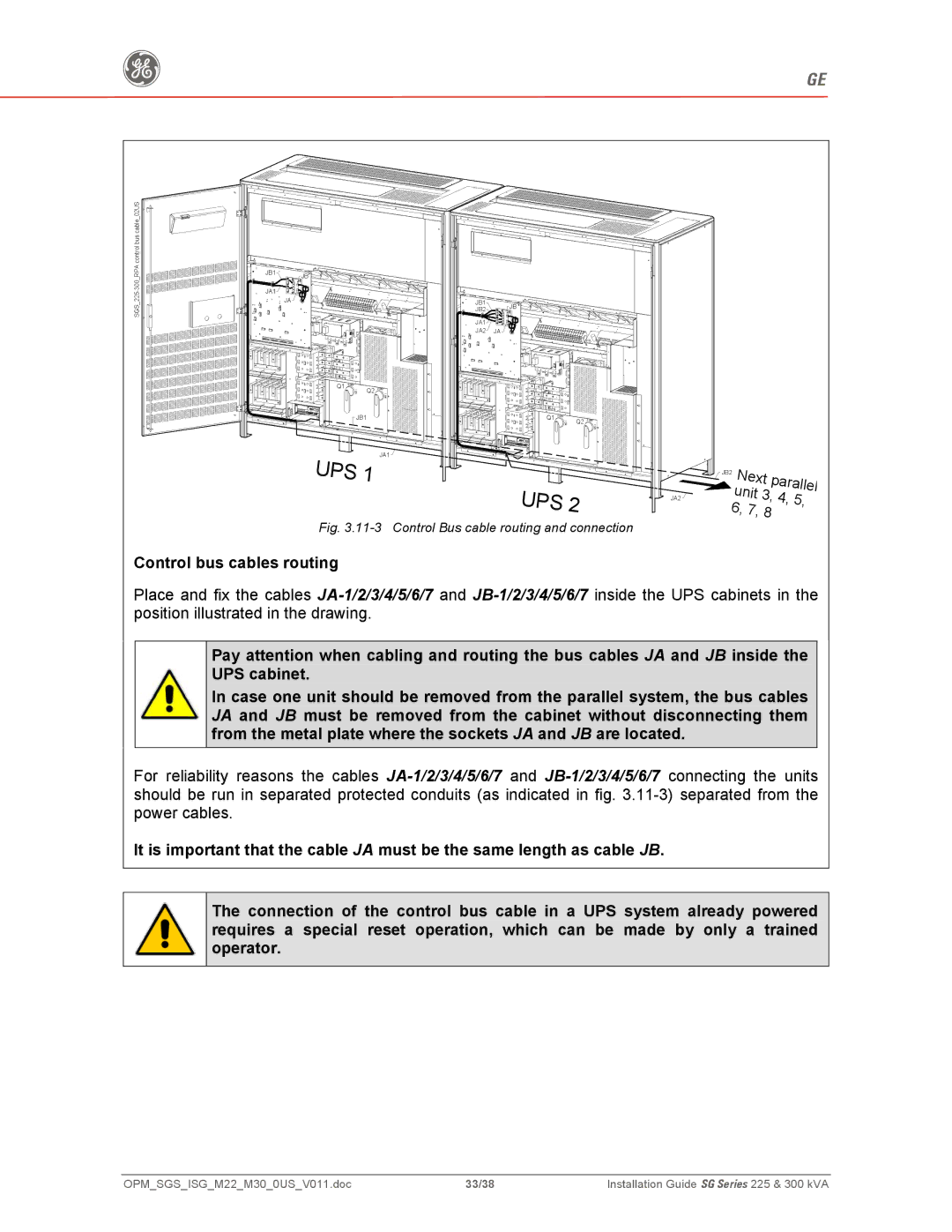 GE 300, 225 manual Control bus cables routing, Control Bus cable routing and connection 