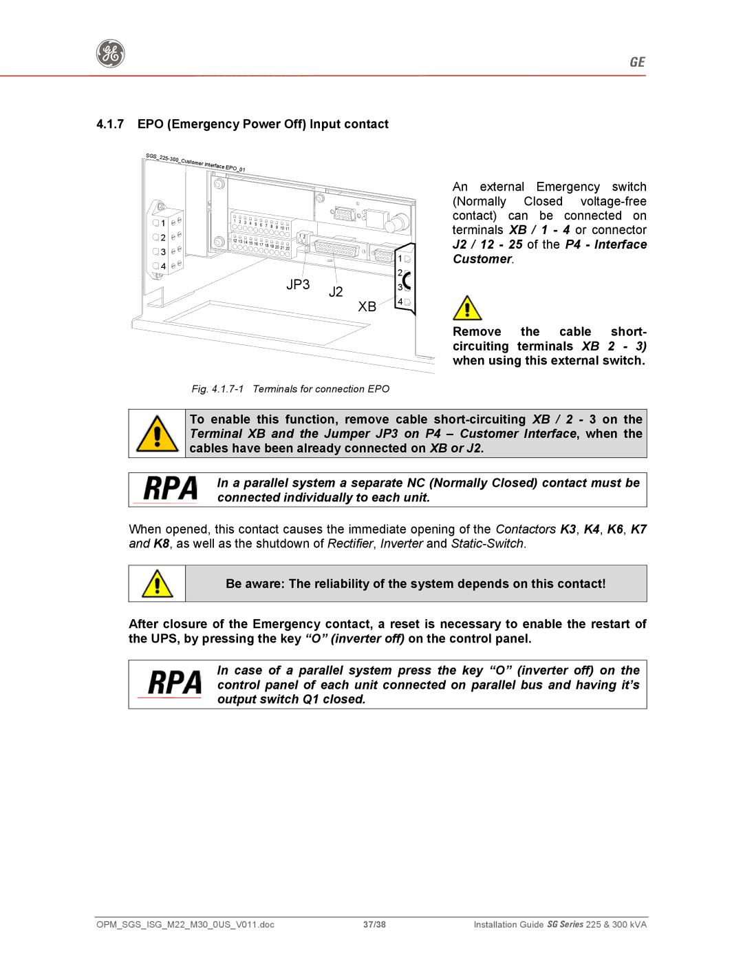 GE 300, 225 manual JP3, EPO Emergency Power Off Input contact 