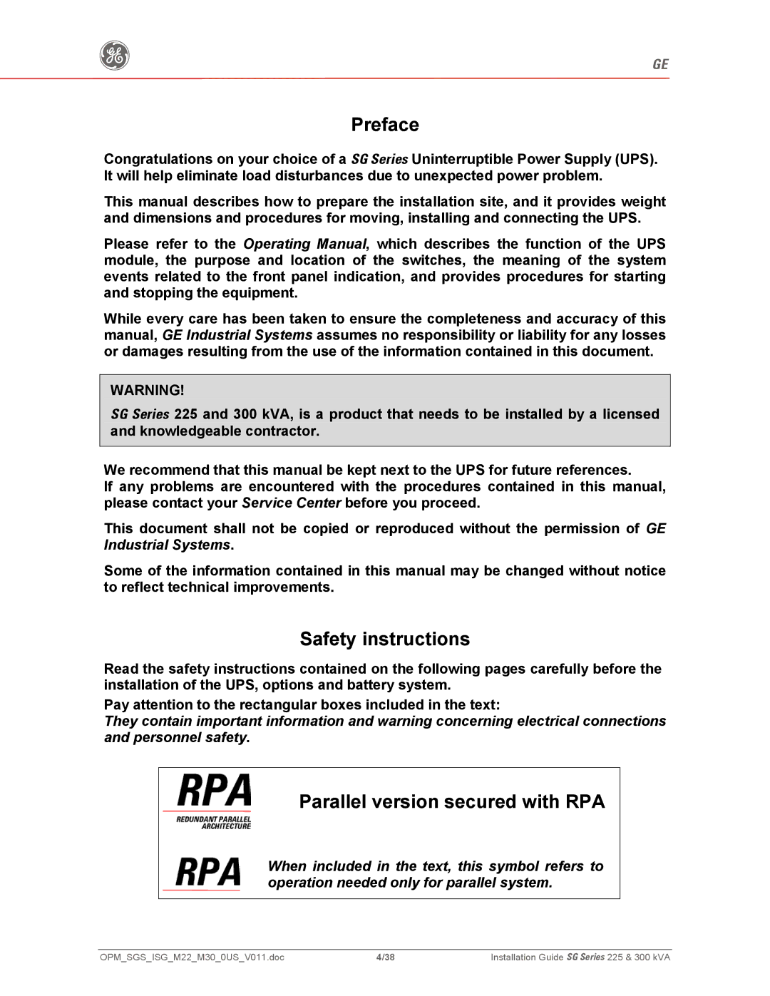 GE 225, 300 manual Preface 