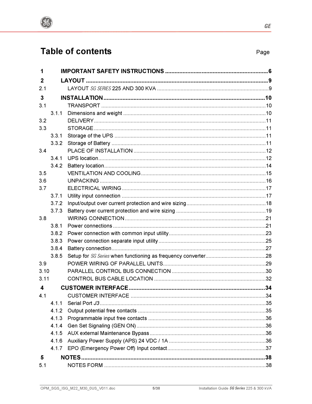 GE 300, 225 manual Table of contents 