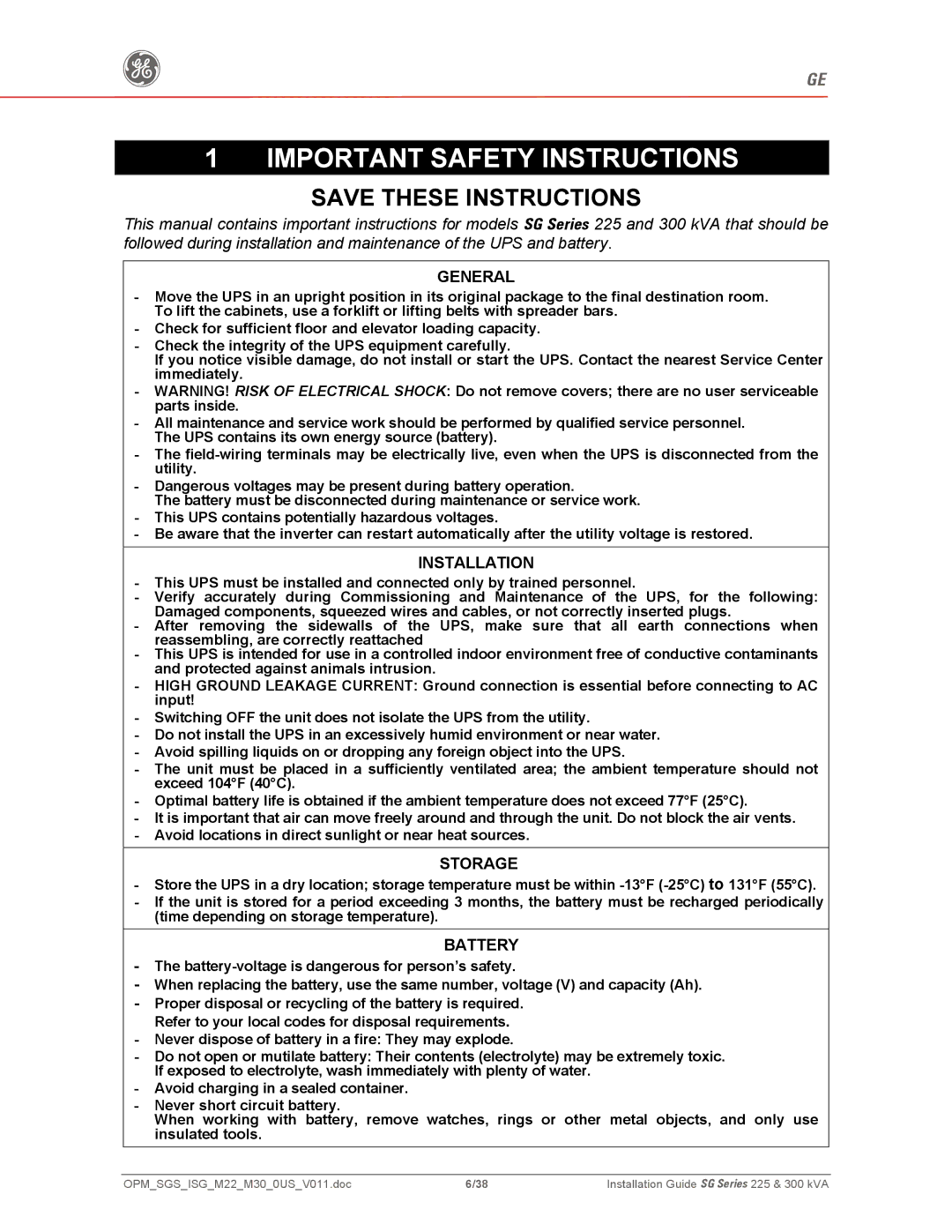 GE 225, 300 manual General, Installation, Storage, Battery 