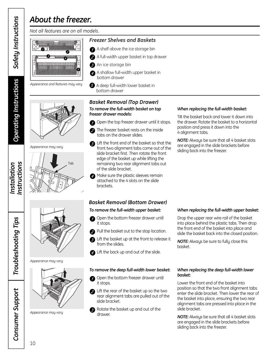 GE 225D1804P001 installation instructions About the freezer, Instructions Safety Instructions, Operating, Consumer Support 