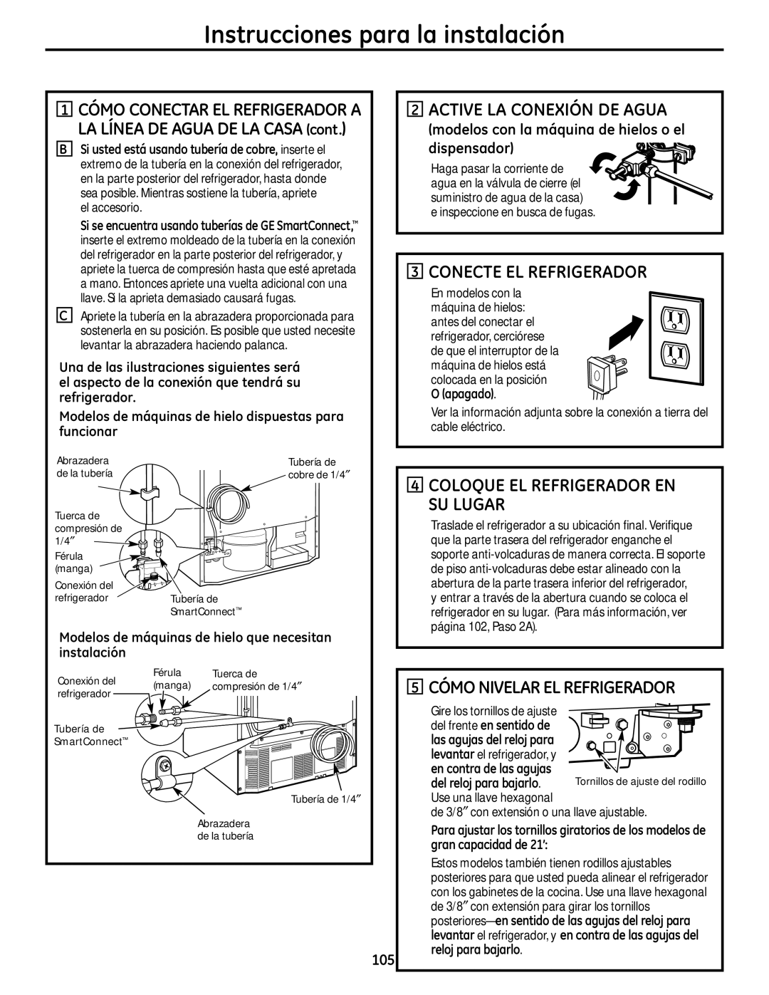 GE 225D1804P001 installation instructions Active LA Conexión DE Agua, Conecte EL Refrigerador, Cómo Nivelar EL Refrigerador 