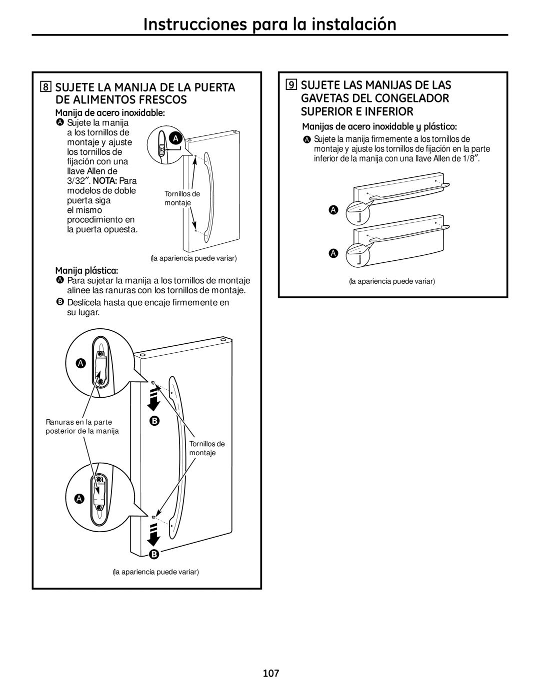 GE 225D1804P001 Sujete LA Manija DE LA Puerta DE Alimentos Frescos, 107, Manija de acero inoxidable, Manija plástica 