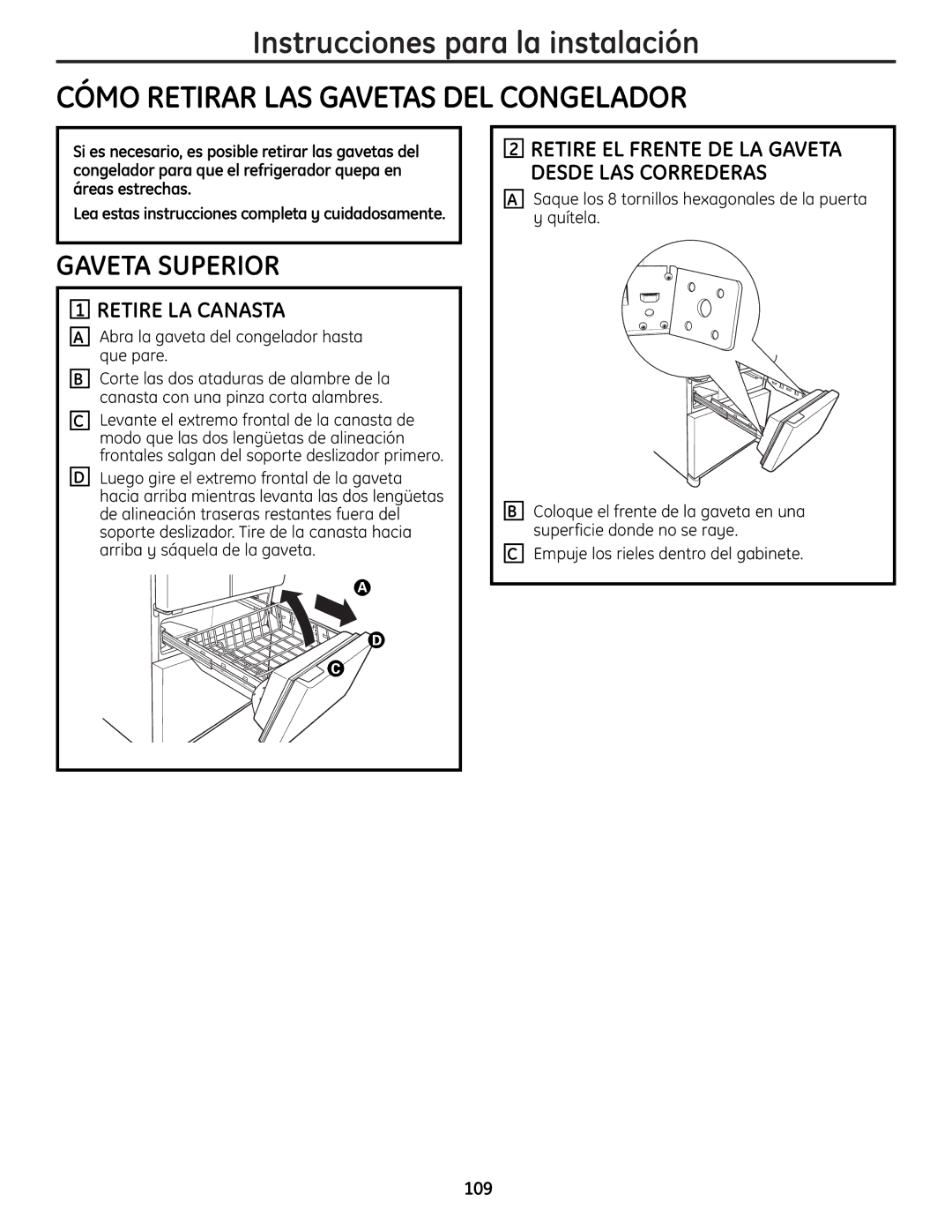 GE 225D1804P001 installation instructions Cómo Retirar LAS Gavetas DEL Congelador, Gaveta Superior, Retire LA Canasta, 109 