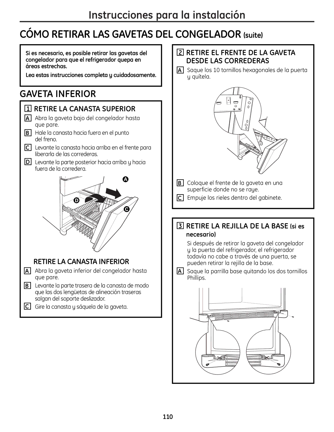 GE 225D1804P001 Gaveta Inferior, Retire LA Canasta Superior, Retire LA Canasta Inferior, Necesario, 110 