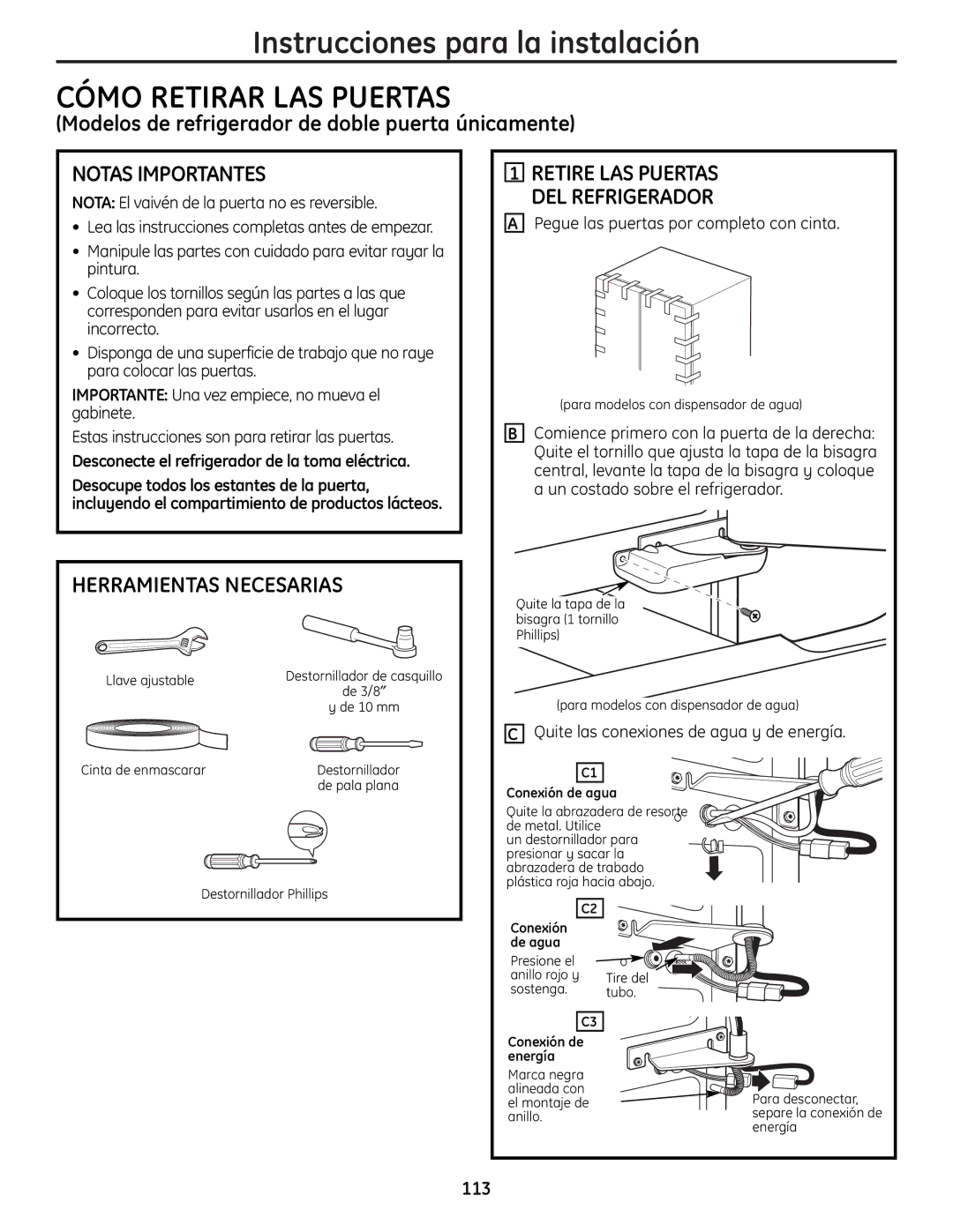 GE 225D1804P001 installation instructions Cómo Retirar LAS Puertas, Notas Importantes, Herramientas Necesarias, 113 