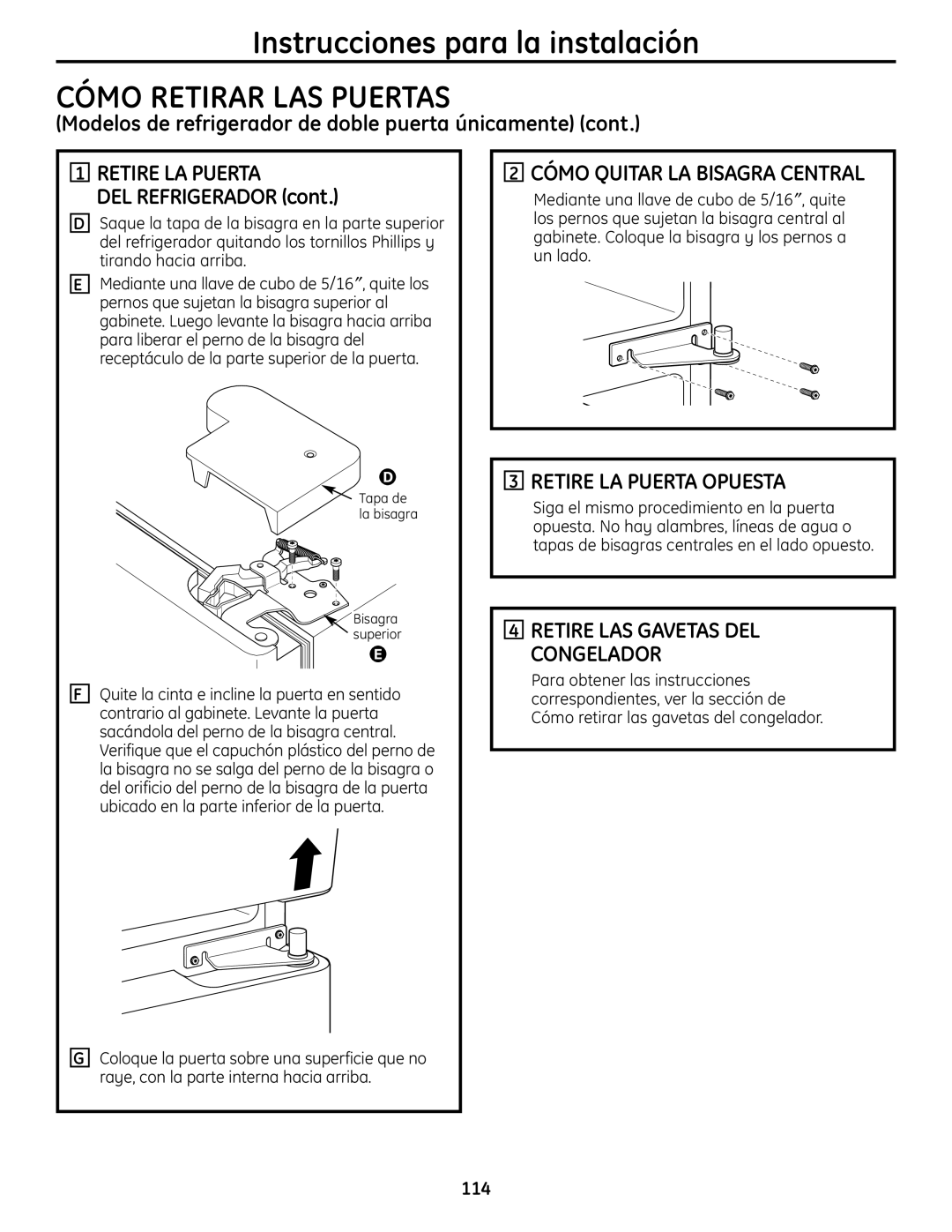 GE 225D1804P001 installation instructions Cómo Quitar LA Bisagra Central, Retire LA Puerta Opuesta, 114 