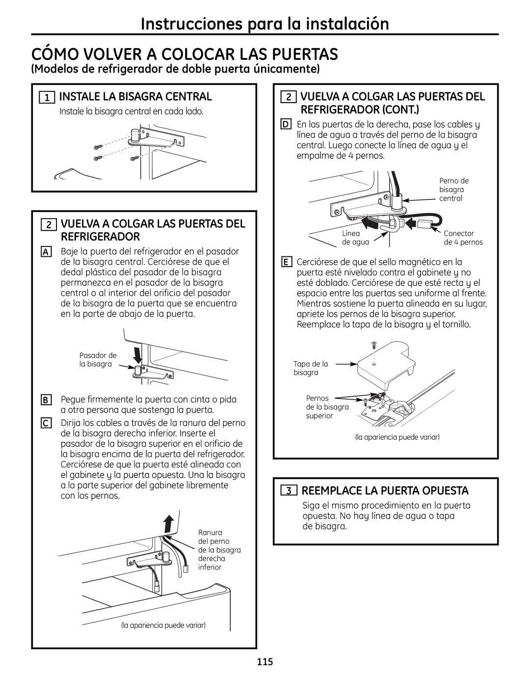 GE 225D1804P001 Cómo Volver a Colocar LAS Puertas, Instale LA Bisagra Central, Reemplace LA Puerta Opuesta, 115 