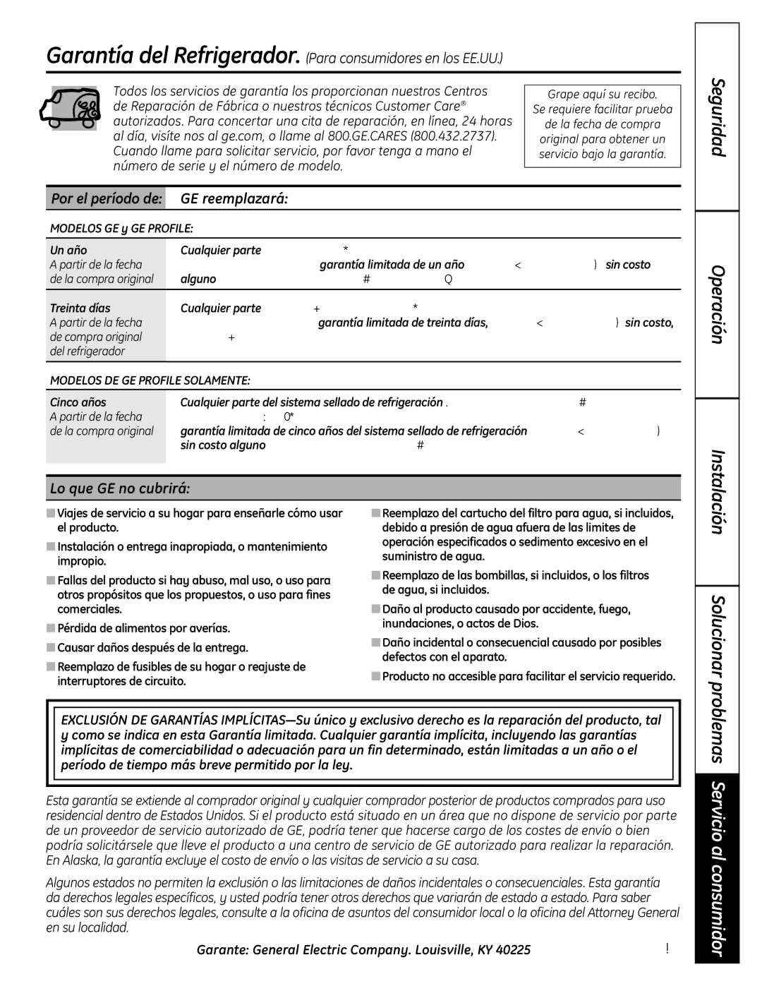 GE 225D1804P001 Seguridad Operación, Solucionar, Por el período de GE reemplazará, Lo que GE no cubrirá, 125 