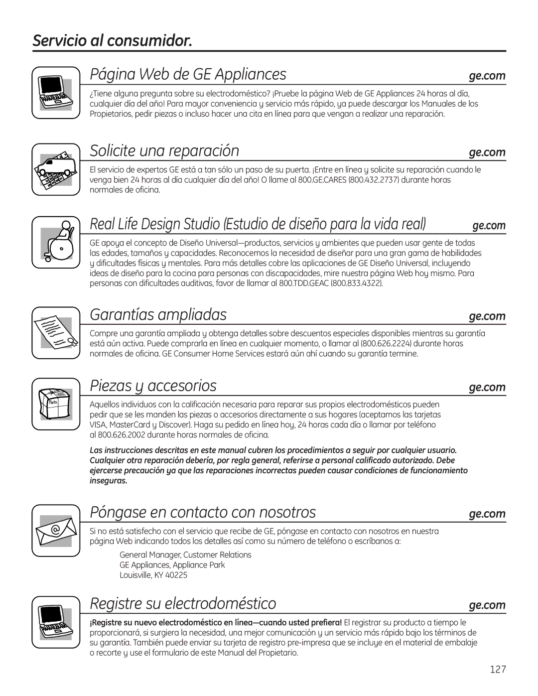 GE 225D1804P001 Servicio al consumidor Página Web de GE Appliances, Solicite una reparación, Garantías ampliadas 