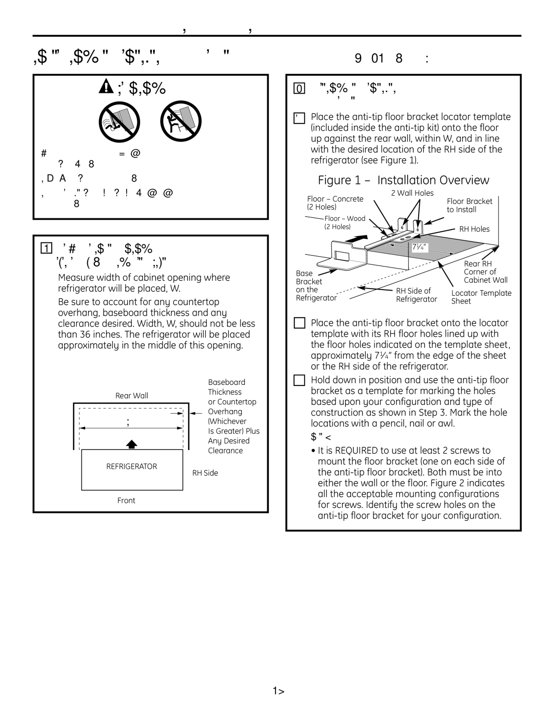 GE 225D1804P001 Locating the ANTI-TIP Floor Bracket, Measure Cabinet Opening Available VS. Refrigerator Width 