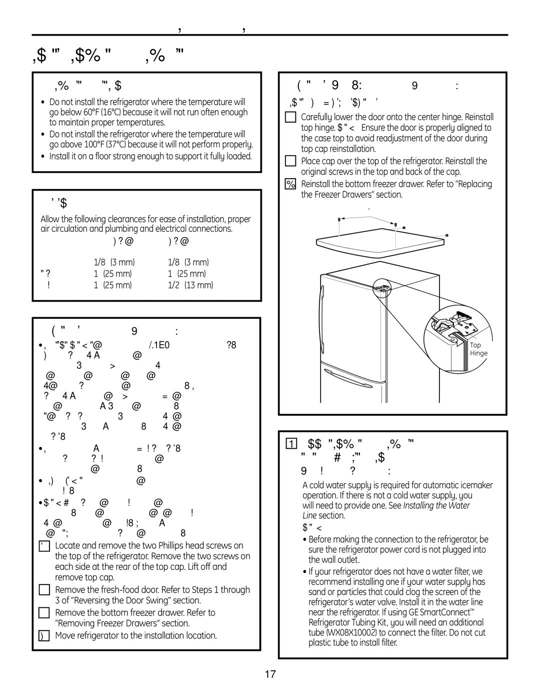 GE 225D1804P001 Installing the Refrigerator, Refrigerator Location, Clearances, Reinstall DOORS, Drawers and TOP CAP 