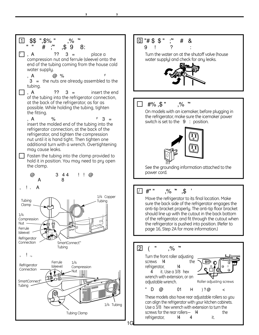 GE 225D1804P001 Turn on the Water Supply, Plug in the Refrigerator, PUT the Refrigerator in Place, Level the Refrigerator 