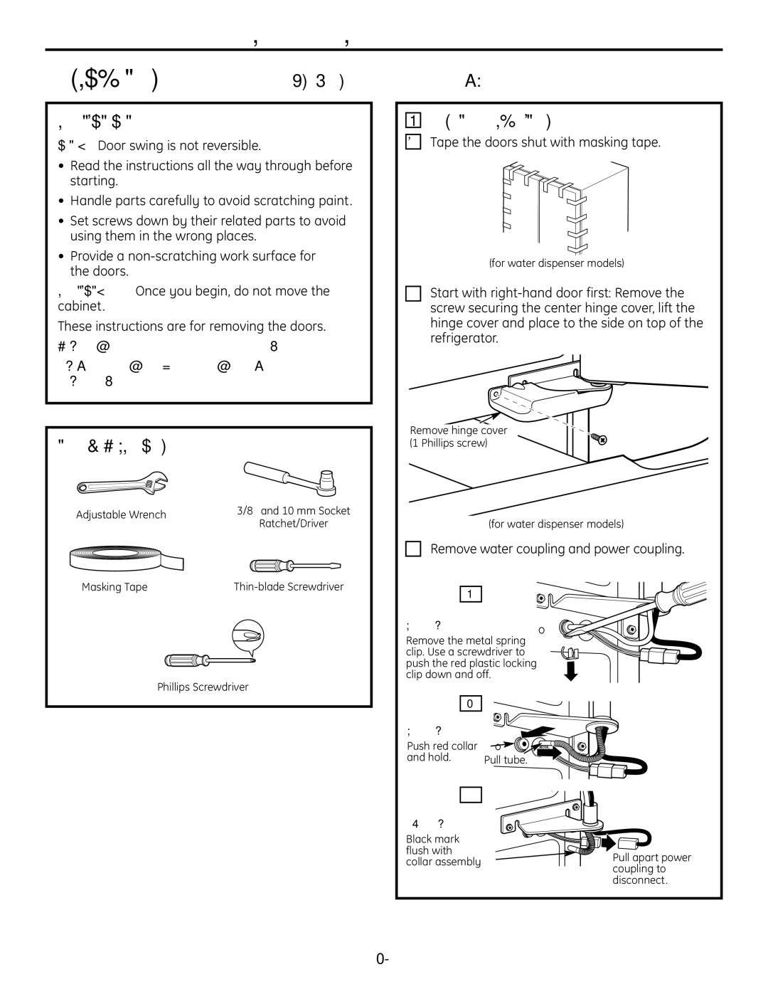 GE 225D1804P001 Important Notes, Tools YOU will Need, Remove the Refrigerator Doors, Tape the doors shut with masking tape 