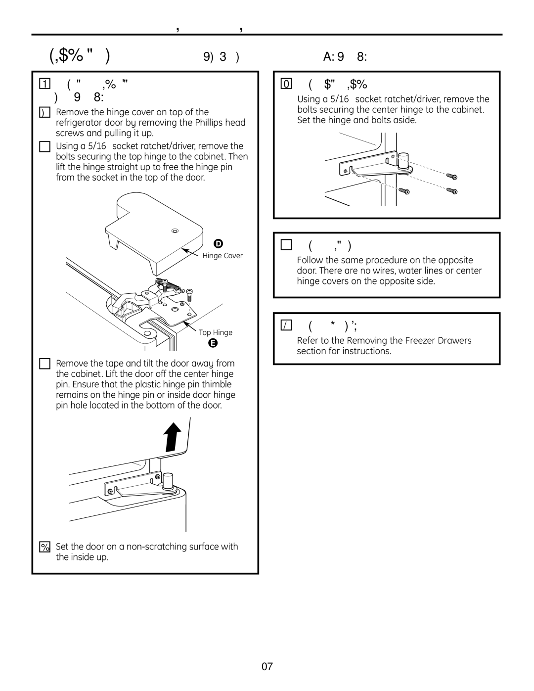 GE 225D1804P001 Remove Center Hinge, Remove Opposite Door, Remove Freezer Drawers, Remove the Refrigerator Doors 