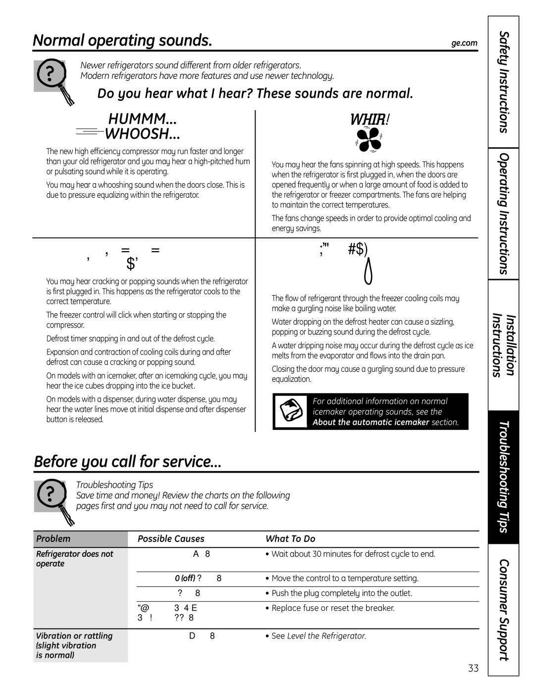 GE 225D1804P001 Normal operating sounds, Before you call for service…, Water Sounds, Troubleshooting Tips Consumer Support 