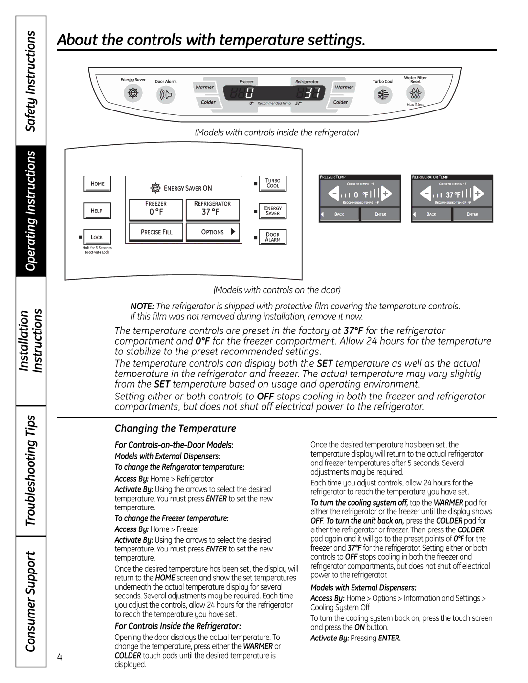 GE 225D1804P001 About the controls with temperature settings, Safety Instructions, Installation Instructions Tips 