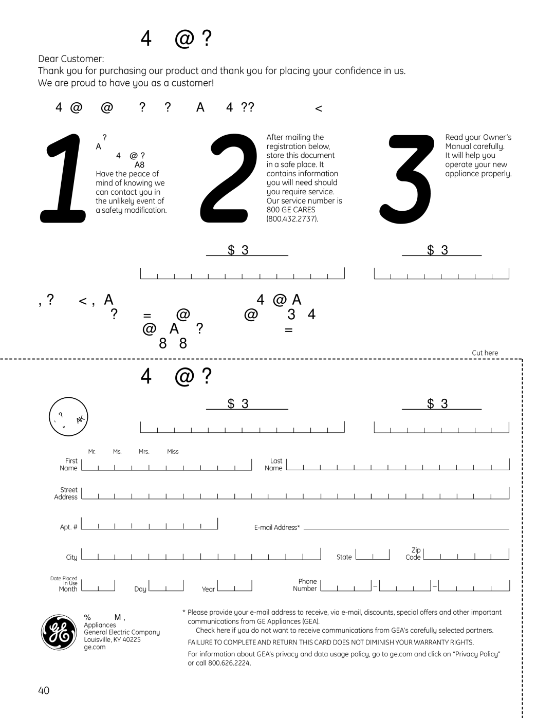 GE 225D1804P001 installation instructions Consumer Product Ownership Registration 