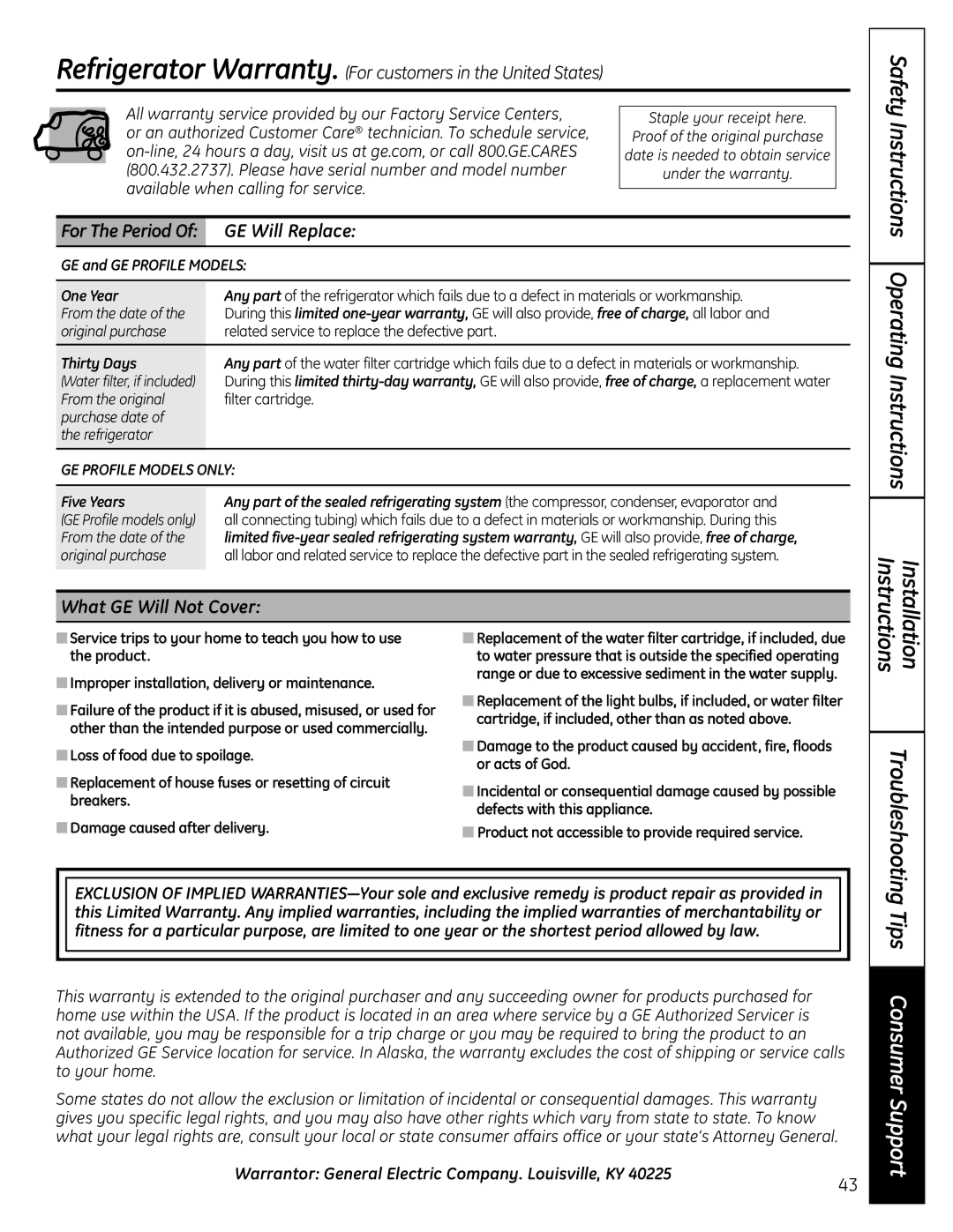 GE 225D1804P001 Safety Instructions Operating Instructions, Tips Consumer Support, GE Will Replace, What GE Will Not Cover 