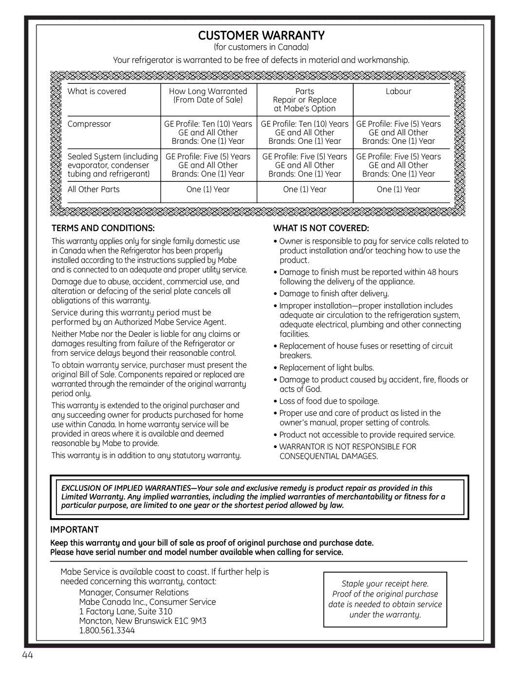 GE 225D1804P001 installation instructions Terms and Conditions, What is not Covered 