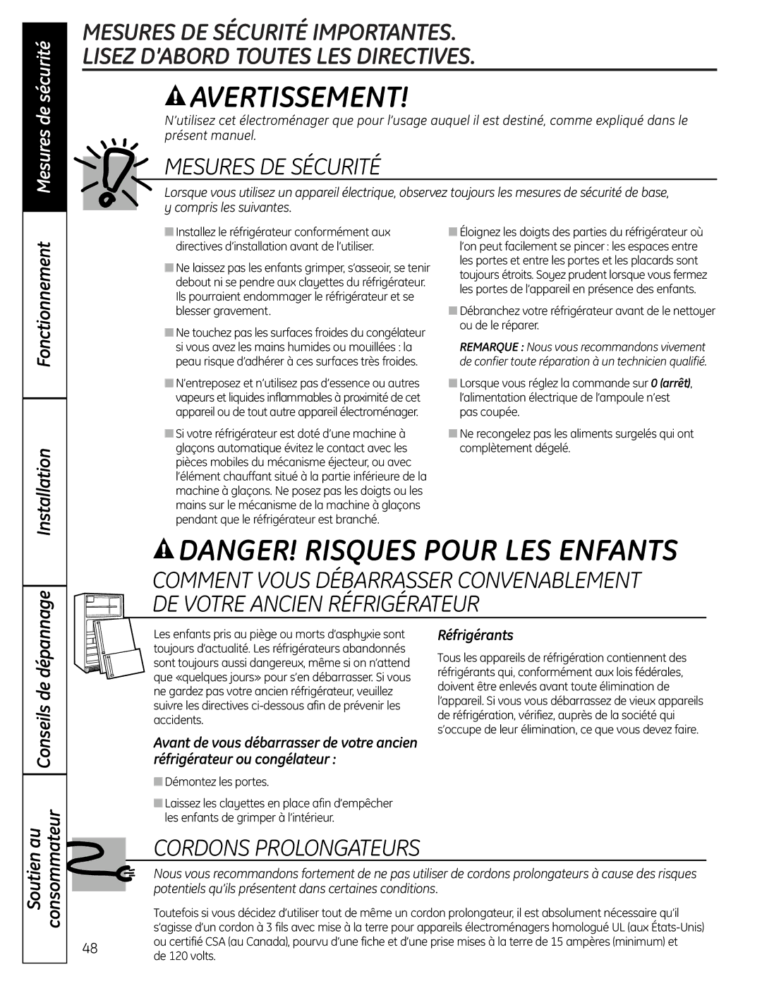 GE 225D1804P001 Mesures de sécurité, Fonctionnement Installation, Réfrigérants, Démontez les portes 