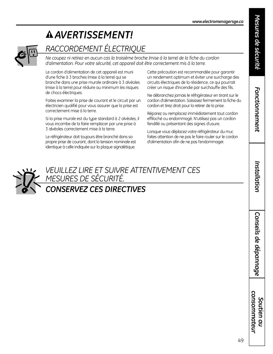 GE 225D1804P001 installation instructions Raccordement Électrique, Fonctionnement 