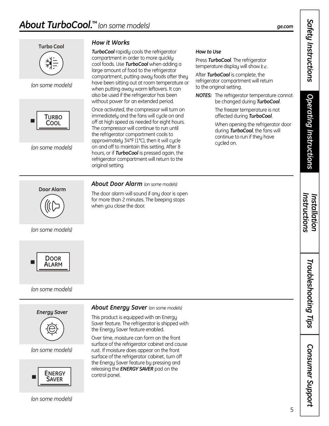 GE 225D1804P001 About TurboCool. on some models, Instructions Operating Instructions, Instructions Installation 