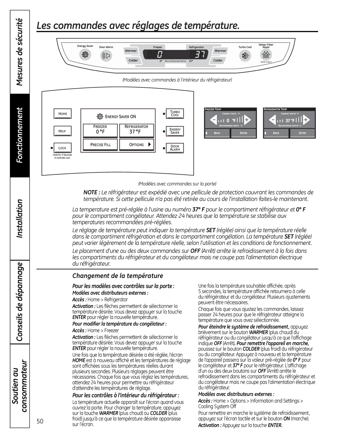 GE 225D1804P001 installation instructions Les commandes avec réglages de température, Mesures de sécurité, Fonctionnement 