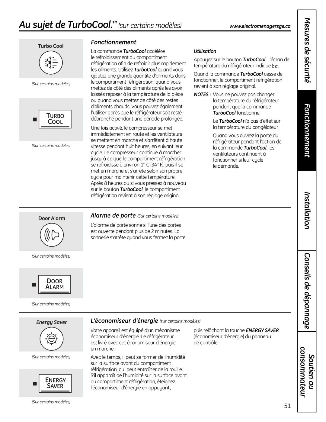 GE 225D1804P001 installation instructions Au sujet de TurboCool. sur certains modèles, De sécurité Fonctionnement 