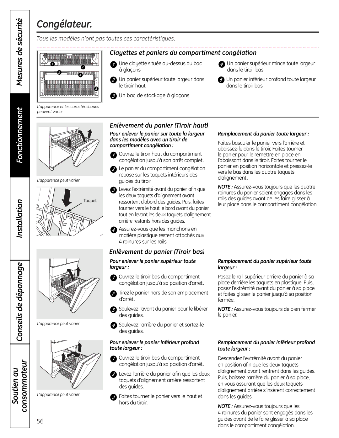 GE 225D1804P001 Congélateur, Clayettes et paniers du compartiment congélation, Enlèvement du panier Tiroir haut 