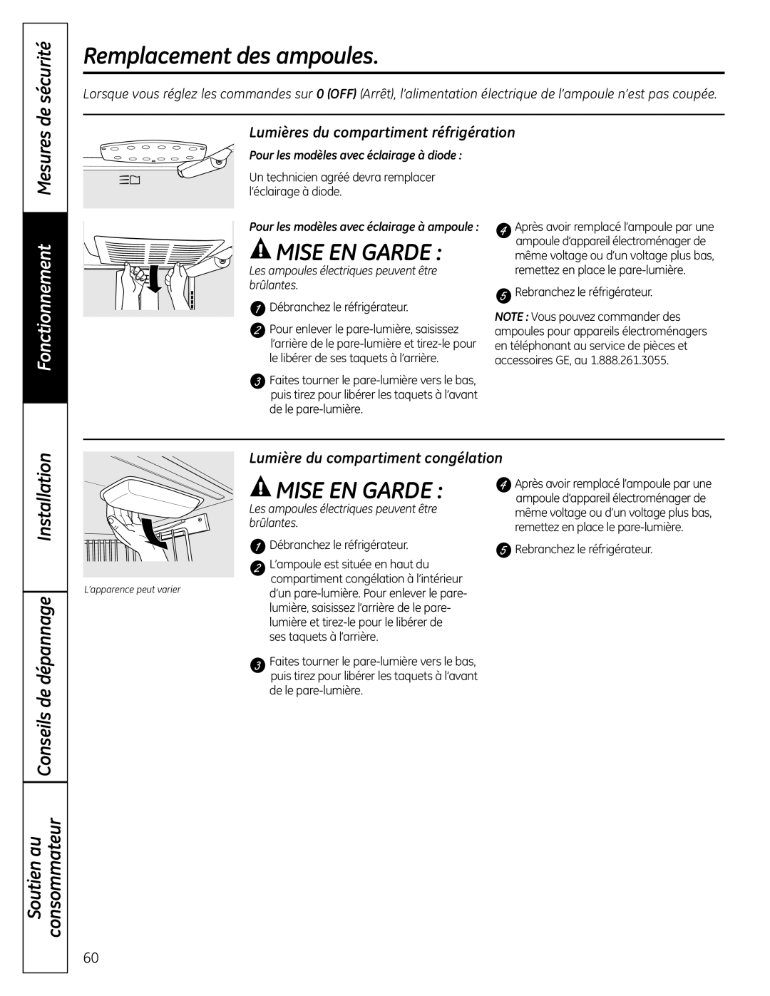 GE 225D1804P001 Remplacement des ampoules, De sécurité, Fonctionnement Mesures, Lumières du compartiment réfrigération 