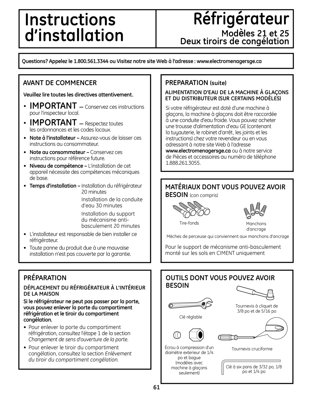 GE 225D1804P001 installation instructions Avant DE Commencer, Matériaux Dont Vous Pouvez Avoir Besoin, Préparation 