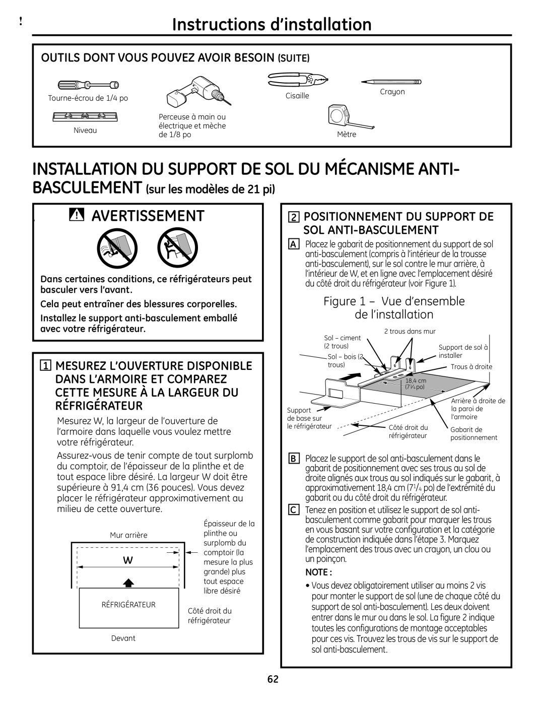 GE 225D1804P001 installation instructions Outils Dont Vous Pouvez Avoir Besoin Suite, Un poinçon, Sol anti-basculement 