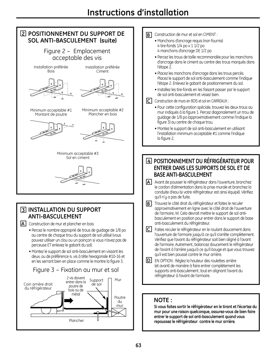 GE 225D1804P001 installation instructions Positionnement DU Support DE, Installation DU Support ANTI-BASCULEMENT 