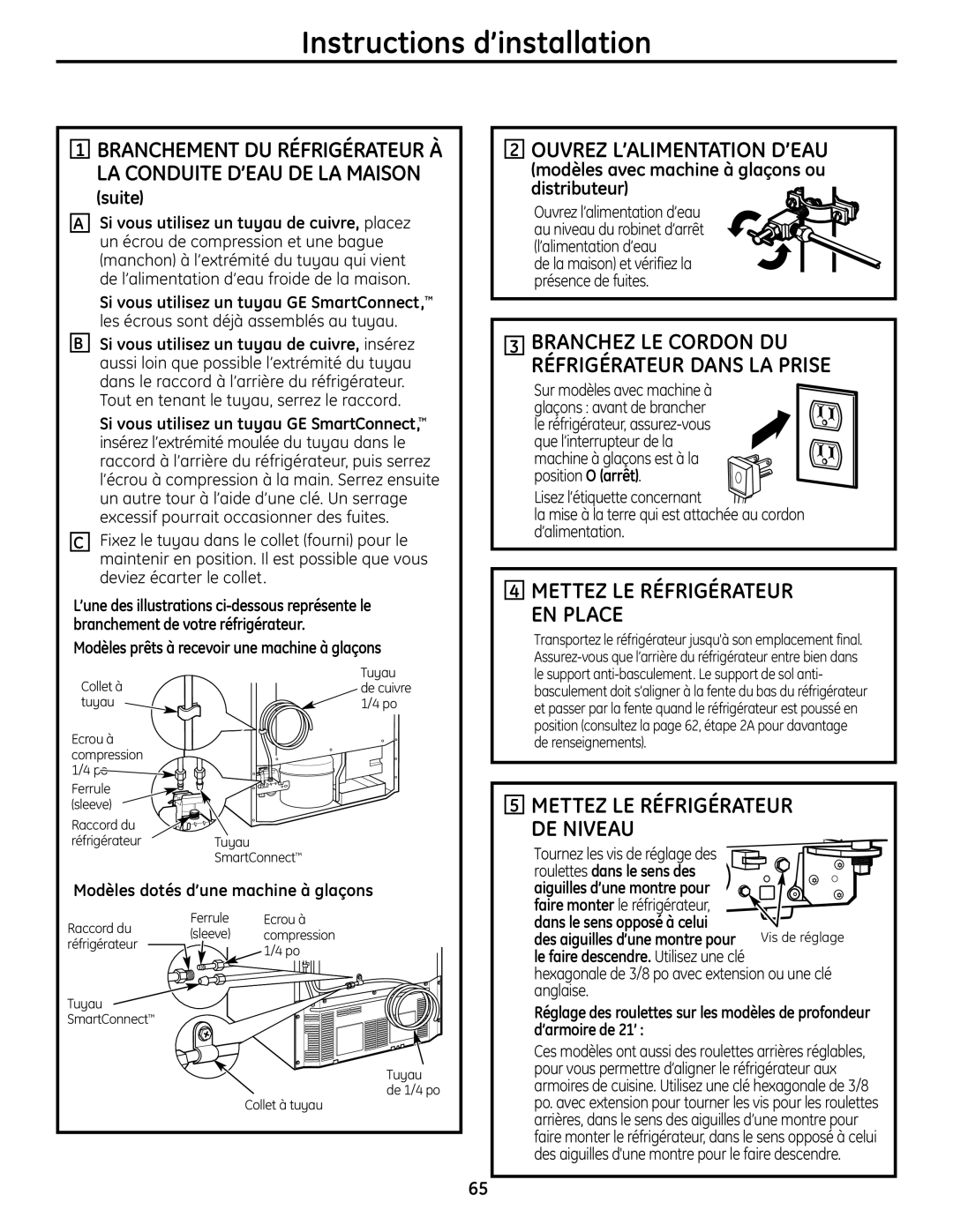 GE 225D1804P001 installation instructions Ouvrez L’ALIMENTATION D’EAU, Mettez LE Réfrigérateur EN Place, Suite 