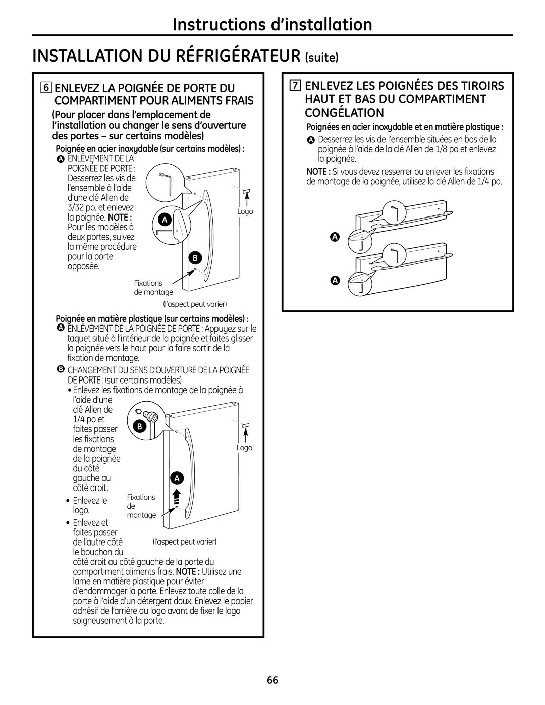 GE 225D1804P001 La poignée. Note, Les fixations, De montage, Du côté Gauche au Côté droit, Enlevez le, Logo 