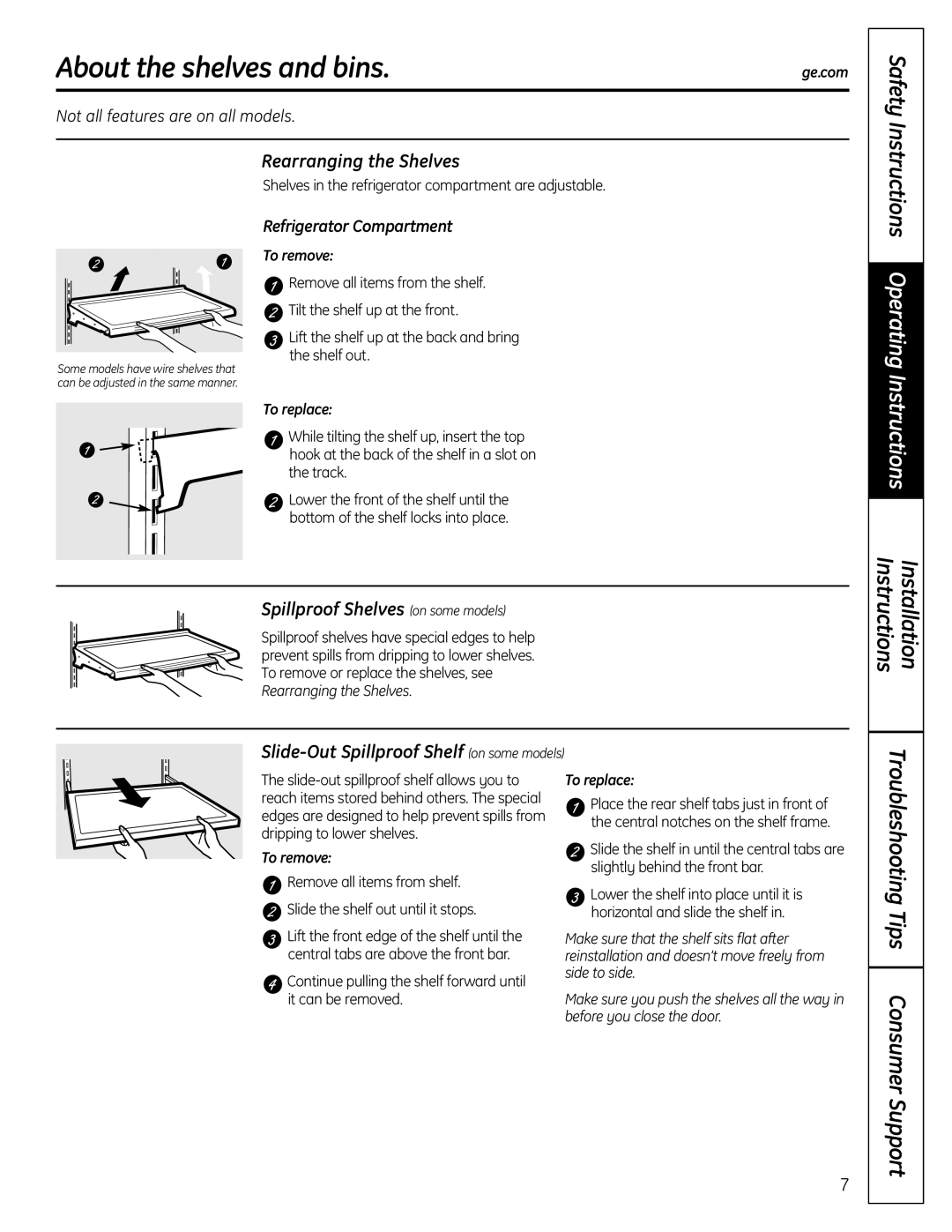 GE 225D1804P001 About the shelves and bins, Safety Instructions Operating Instructions, Rearranging the Shelves 