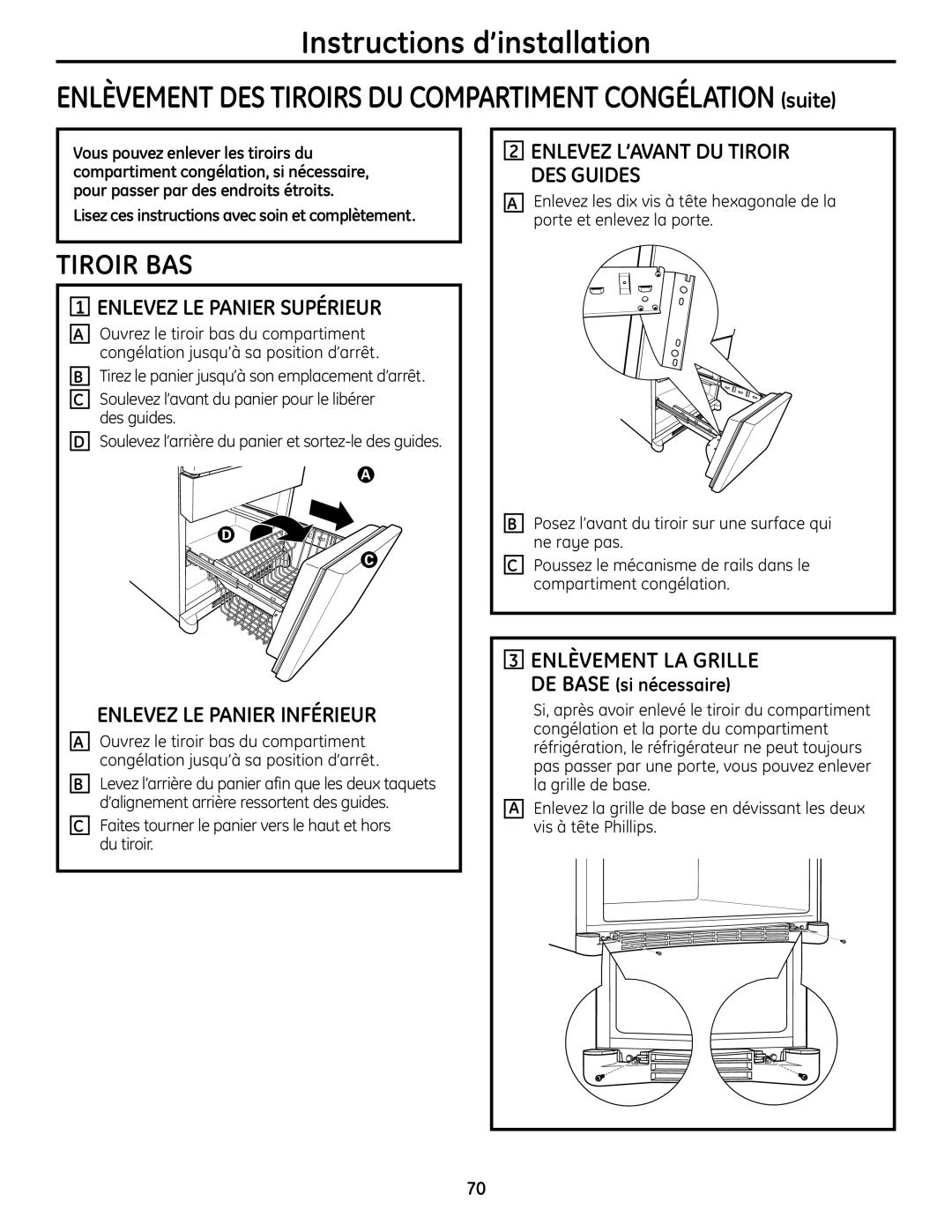 GE 225D1804P001 installation instructions Tiroir BAS, Enlevez LE Panier Supérieur, Enlevez LE Panier Inférieur 