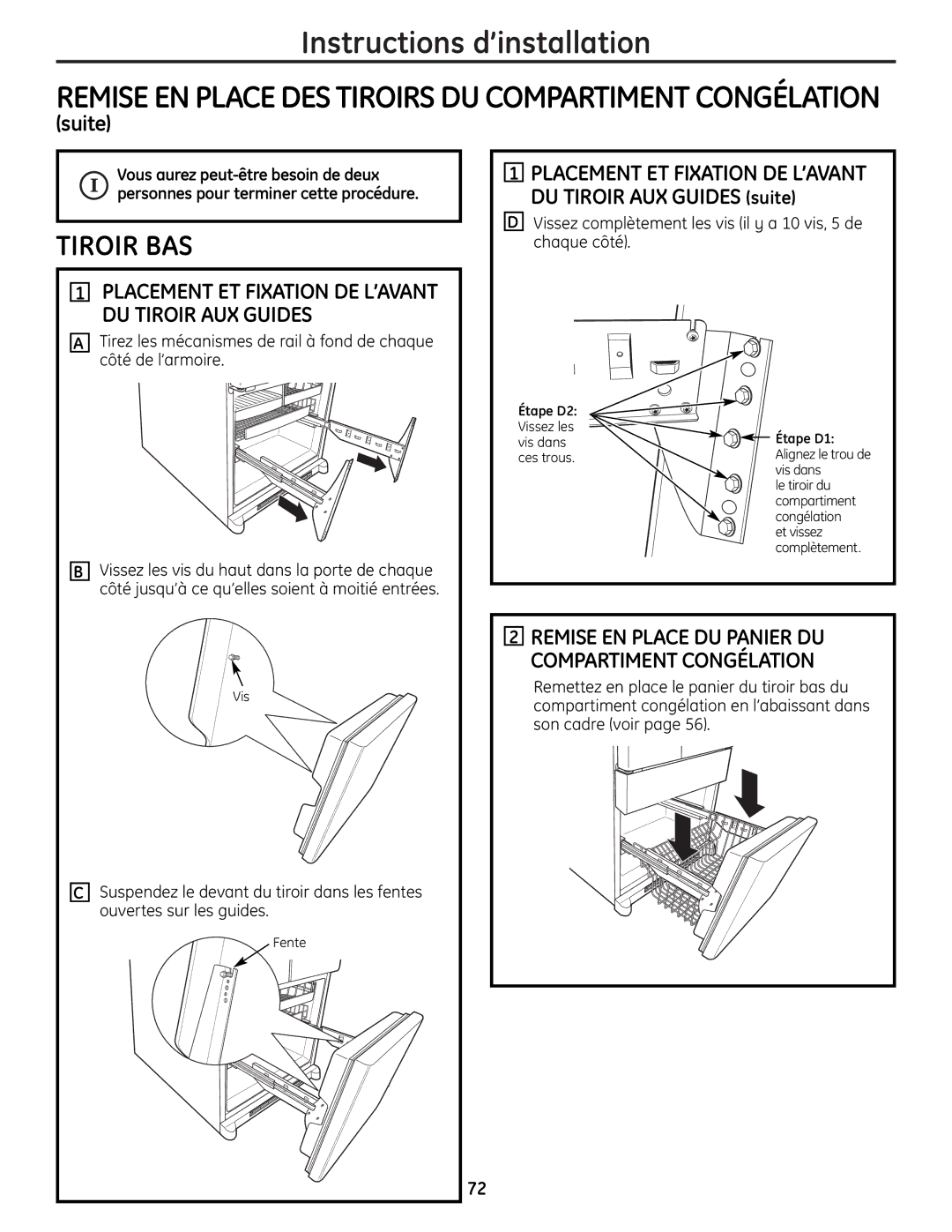 GE 225D1804P001 installation instructions Placement ET Fixation DE L’AVANT DU Tiroir AUX Guides suite 