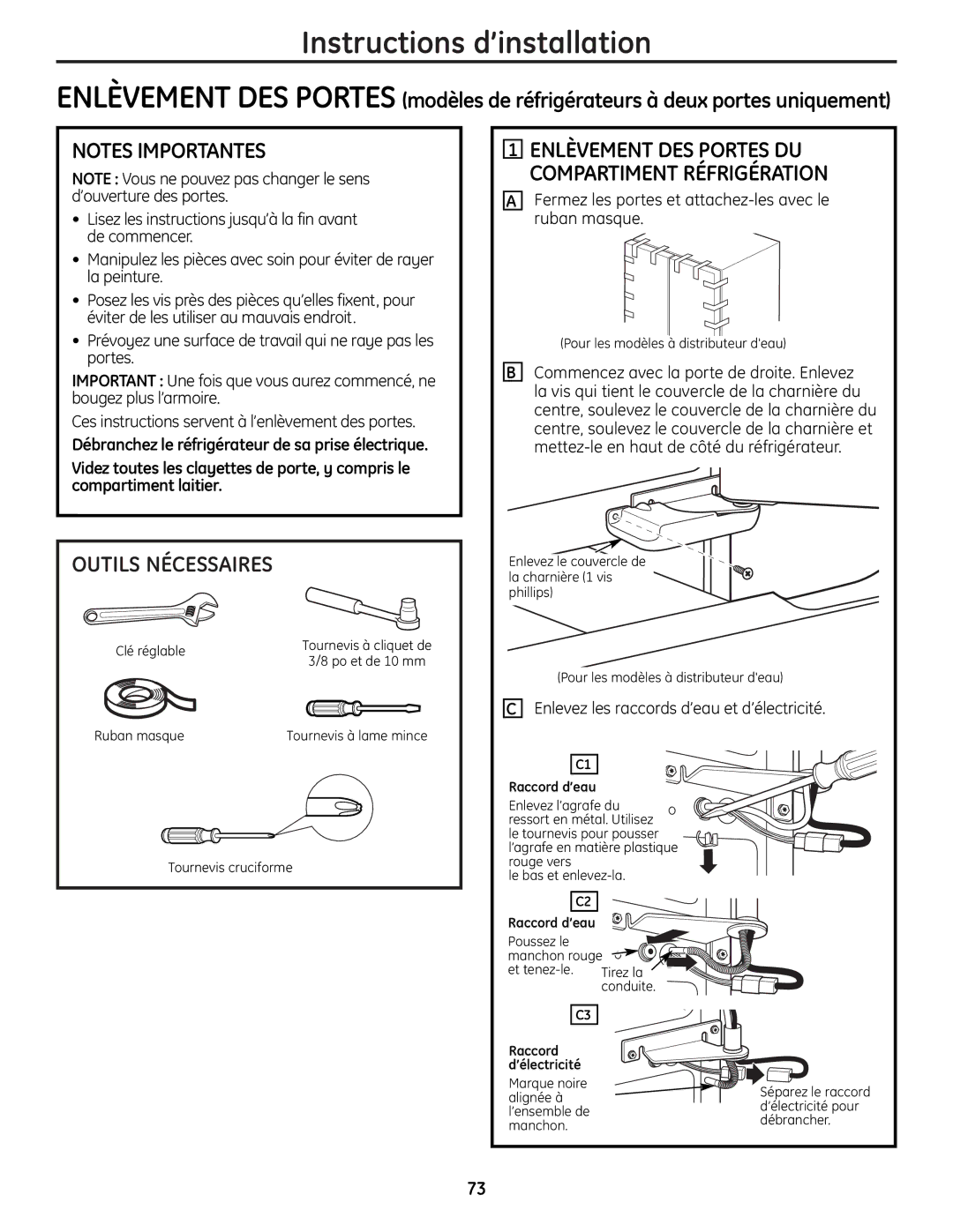 GE 225D1804P001 installation instructions Outils Nécessaires, Enlèvement DES Portes DU Compartiment Réfrigération 