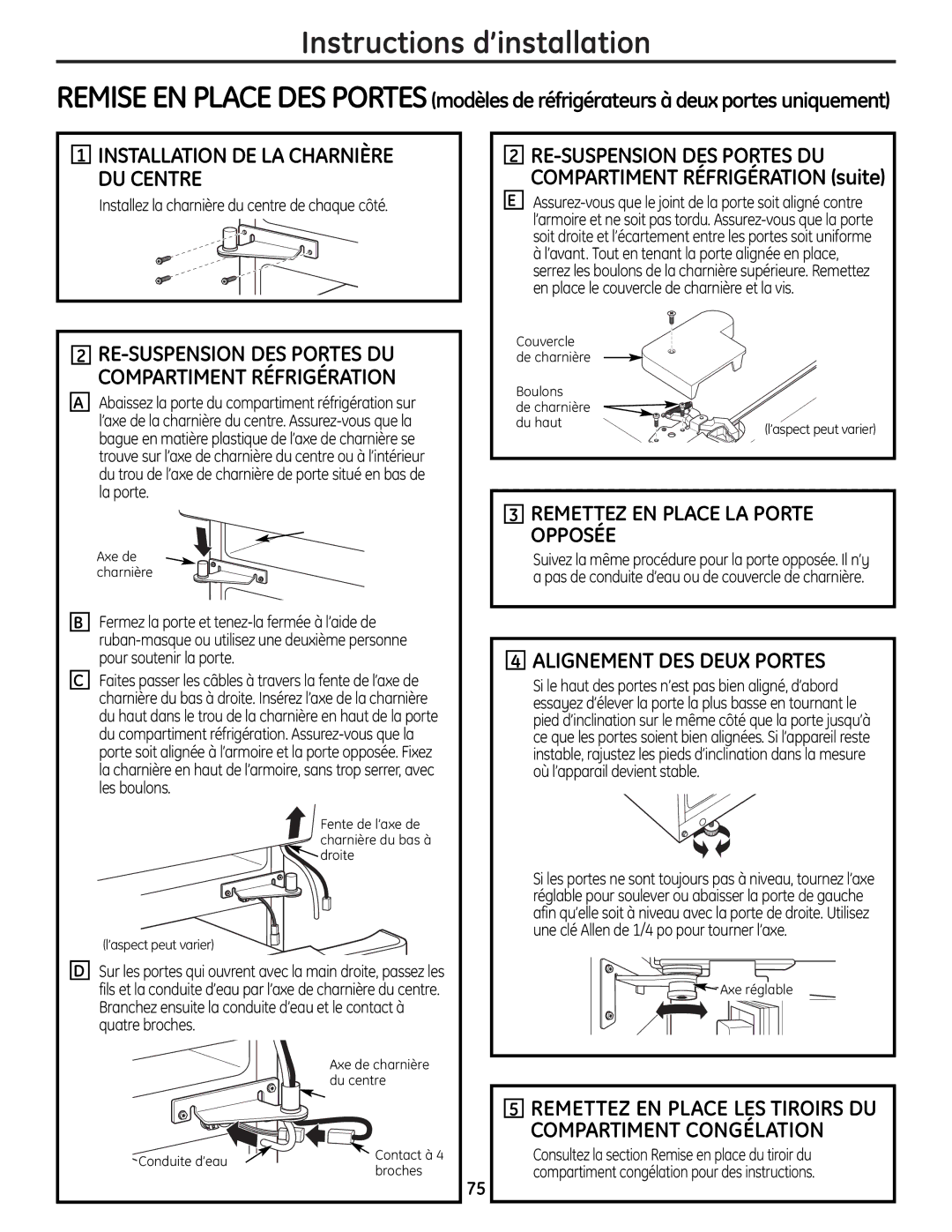 GE 225D1804P001 installation instructions Installation DE LA Charnière DU Centre, Alignement DES Deux Portes 