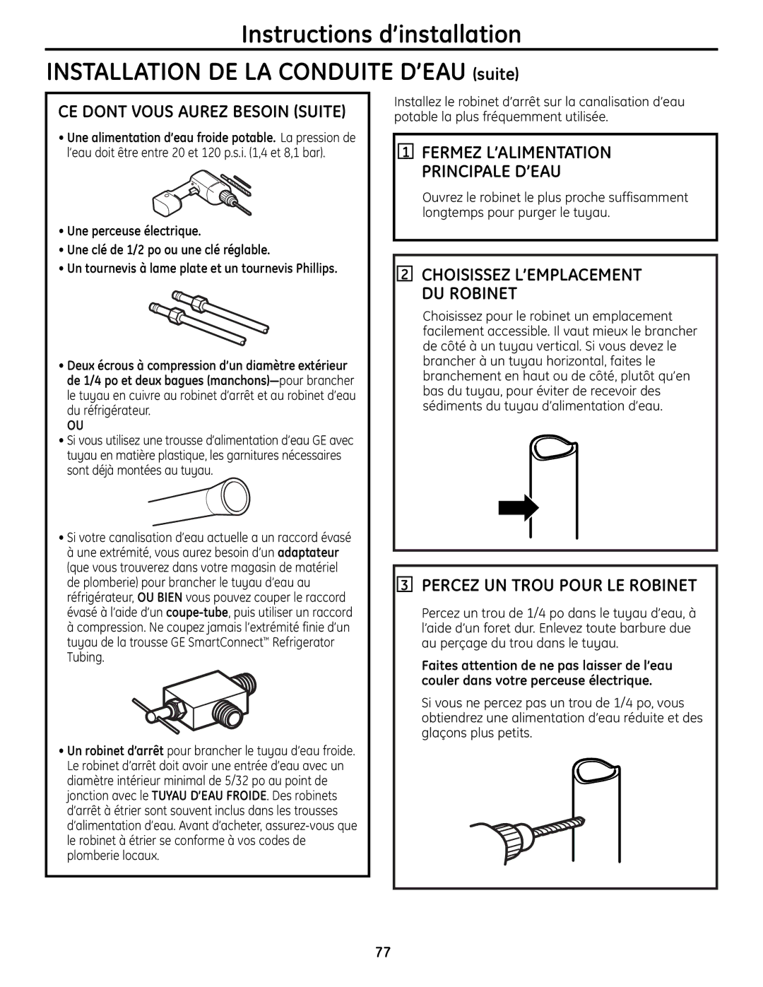 GE 225D1804P001 installation instructions Percez UN Trou Pour LE Robinet, Fermez L’ALIMENTATION Principale D’EAU 