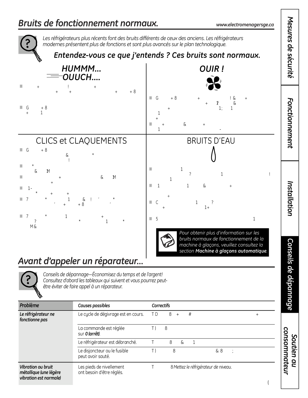 GE 225D1804P001 Bruits de fonctionnement normaux, Bruits D’EAU, Problème, Causes possibles Correctifs Le réfrigérateur ne 