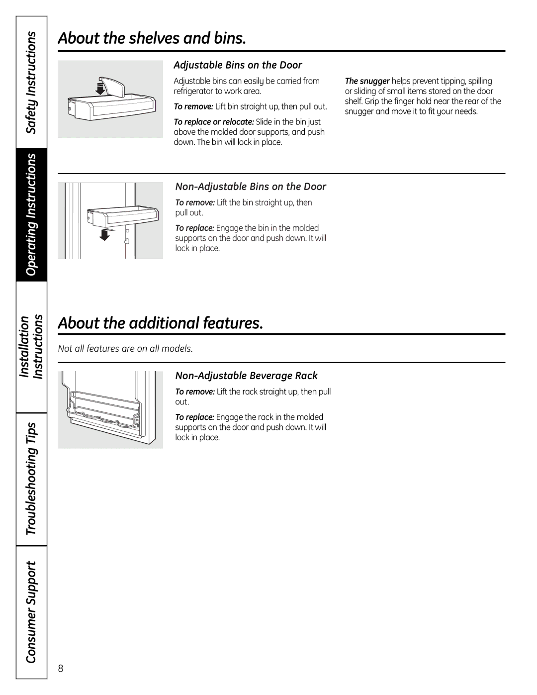 GE 225D1804P001 About the additional features, Non-Adjustable Bins on the Door, Non-Adjustable Beverage Rack 